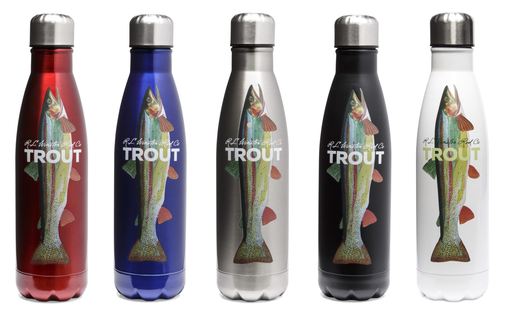 Red, blue, silver, black, and white Trout Tumblers